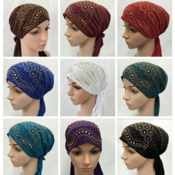 🌺 NEW BLACK & GOLD BLING TURBAN HEAD WRAP CAP HAT - Picture 5 of 6